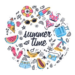 Summer vibes pattern elements tropical fruits, seashells, exotic flowers, palm leaves, sunglasses, bikini. Vector illustration for card, textile print, paper, flyer, sticker. Hello summer collection.