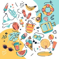 Summer vibes pattern elements tropical fruits, seashells, exotic flowers, palm leaves, sunglasses, bikini. Vector illustration for card, textile print, paper, flyer, sticker. Hello summer collection.