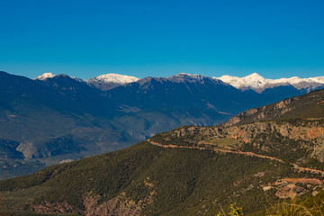 Panoramic view of Parnassos mountain View from Delphi village in Greece.