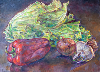 oil painting on canvas of a composition of fruit and vegetables - 331165696