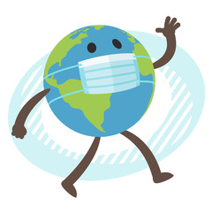 Planet Earth character in the medical mask walking and waving in greeting