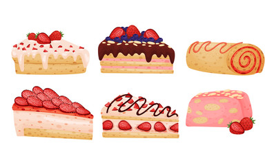 Delicious Cakes and Desserts with Berry and Chocolate Toppings Vector Set