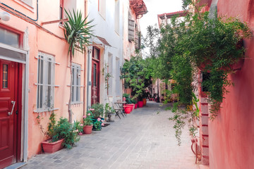 Amazing narrow streets of Crete island. Sunny morning in Greece