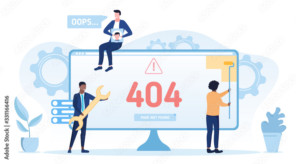 Poster computer technicians repairing a 404 not found online error concept with a businessman holding a spa
