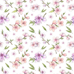 Pink-stained, pastel-colored floral background for wallpaper, gift wrapping paper, textile design. Spring cherry, sakura, almond, apple, peach tree blossom watercolor botanical seamless pattern. 