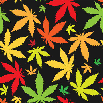 Seamless pattern with marijuana leaf. Hand drawn design element cannabis. Vintage green vector engraving illustration for label, poster, web. Isolated on color background.