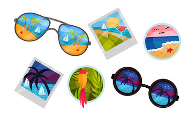 Summer Vacation Attributes with Sunglasses and Photographs Vector Set