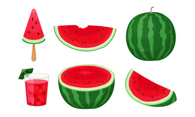 Whole Watermelon Fruit with Refreshing Summer Drink and Fruit Ice Vector Set