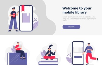 People with giant books and phones study online, read and listen e-books on their devices. Vector illustration in flat style can be used by libraries, apps, stores, schools and e-commerce.