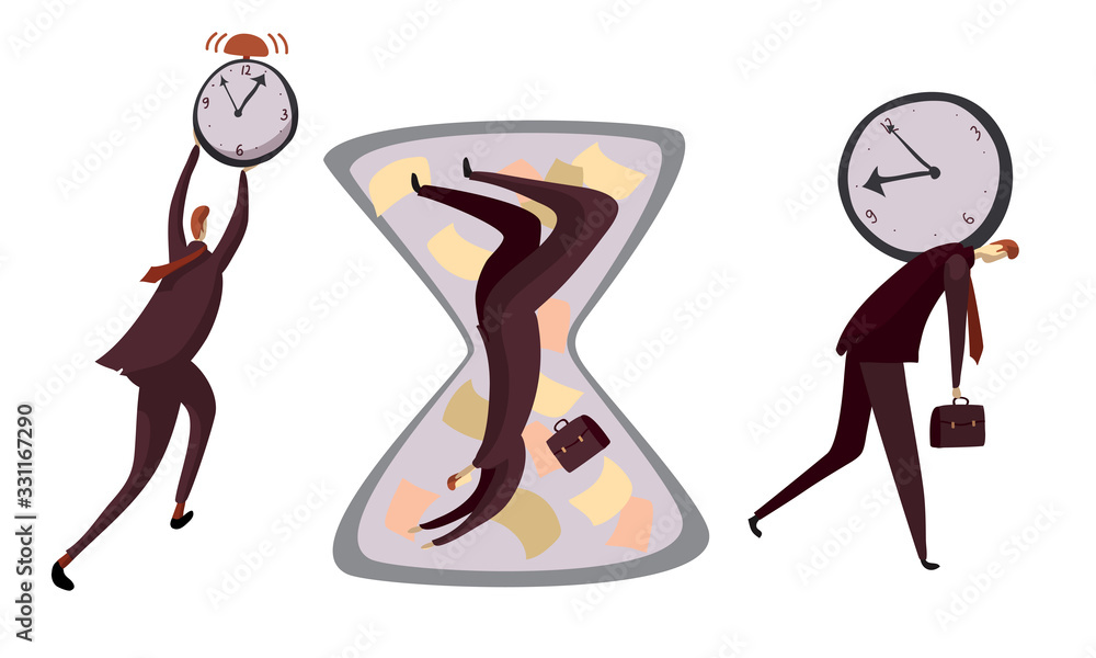 Poster man carrying clock at his back and falling down in hourglass as running time symbol vector illustrat