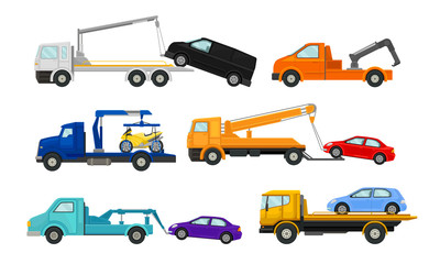 Obraz na płótnie Canvas Tow Truck or Breakdown Truck Working Side View Vector Set