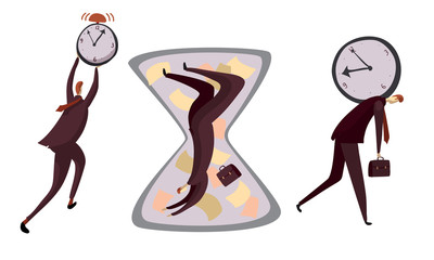 Man Carrying Clock at His Back and Falling Down in Hourglass as Running Time Symbol Vector Illustrations Set