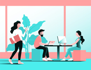 Young modern people male and female work in the office at the computer. Vector illustration.