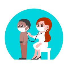Obraz premium Doctor woman in a medical mask listens to the breath of an African American boy. Health check during an epidemic. Vector cartoon illustration.