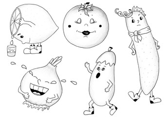 Hand drawn vegetables on a white background. Comic emotions. Funny food pen illustrations