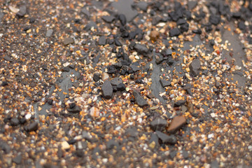 many small stones of different colors and sizes on top of a large rock