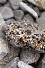 rare gray and orange shaped stone pierced with other stones and rocks around. Wallpaper