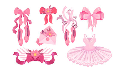 Pink Accessories for Ballet with Ballet Skirt and Ballet Shoes Vector Set