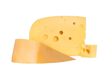 Pieces of cheese isolated on white. Yellow cheese of Maasdam with holes