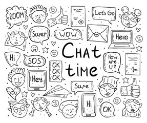 Chat time cartoon, doodle, vector clip art, set of elements, stickers, icons. Speech buble, message, emoji, letter, gadget. Black monochrome design. Isolated on white background. Easy to change color.