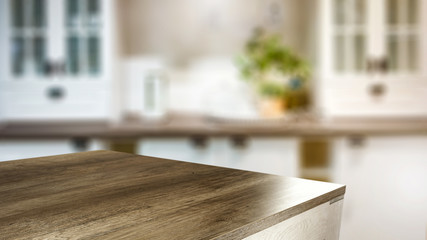 Desk of free space for your decoration and blurred kitchen interior.