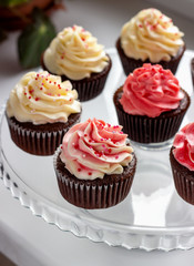 chocolate muffins with a hat of pink and white cream