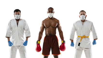 Beat the disease. Fighters and boxers in protective masks, gloves. Prevention of pneumonia respiratory symptoms such as fever, headache, cough. Chinese coronavirus. Healthcare, medicine, sport concept