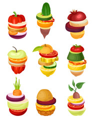 Sliced Fruits and Vegetables Arranged in Pile Vector Set