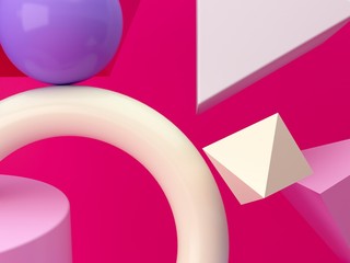 Minimal scene with geometrical forms in blue and pink abstract background. Set of geometric shapes in chaotic composition. Spring colors scene.  Minimal concept, blank space, clean design, 3d render.