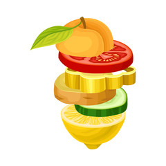 Sliced Fruits and Vegetables Arranged Together in Pile Vector Illustration