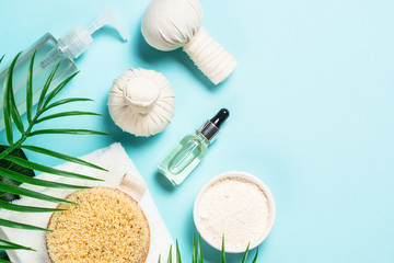 Spa treatment Flat lay background on blue.