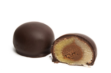 round chocolate candies with marzipan filling