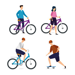 young people with bikes and skateboard vector illustration design