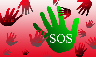 Virus has spread around the world. Red hands are infected, call for help, SOS background