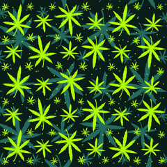 Seamless pattern with cannabis leaves. Doodle style vector illustration. Great for backgrounds, fabrics, wrapping paper, etc.