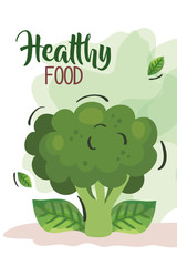 vegan food poster with broccoli and leafs vector illustration design