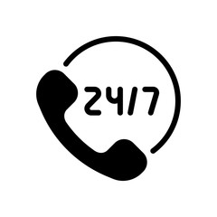 Call or support center, 24 and 7. Black icon on white background