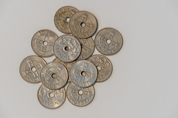 ULSTEINVIK, NORWAY - 2020 MARCH 18. Norwegian Kroner coins on the table.