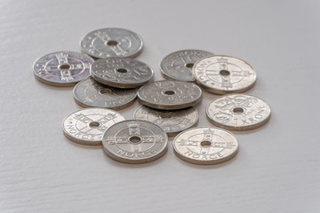 ULSTEINVIK, NORWAY - 2020 MARCH 18. Norwegian Kroner coins.