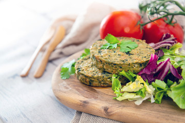 Vegetarian food Wheat Gluten Steaks with spinach