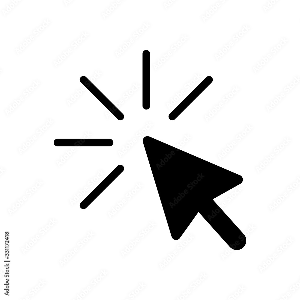 Poster computer pointer, cursor or mouse arrow, click. black icon on white background