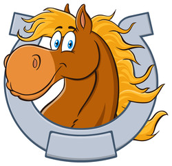 Horse Head Cartoon Mascot Character With Horseshoe. Vector Illustration Isolated On White Background