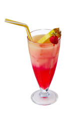 Sex on the Beach cocktail with ice cubes is contained in a milkshake glass with pineapple slice, a straw and a raspberry on the stick. The showy illustrative picture is made on the white backdrop.