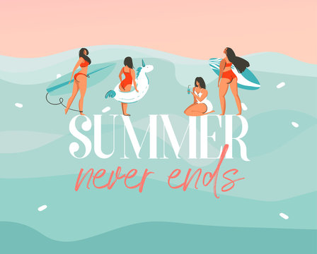 Hand drawn vector stock abstract graphic illustration with a swimming girls qroup in ocean waves landscape and Summer never ends typography isolated on blue background