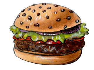Tasty big burger design watercolor hand drawn. Food illustration