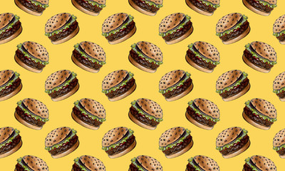 Tasty big burger seamless pattern design watercolor hand drawn