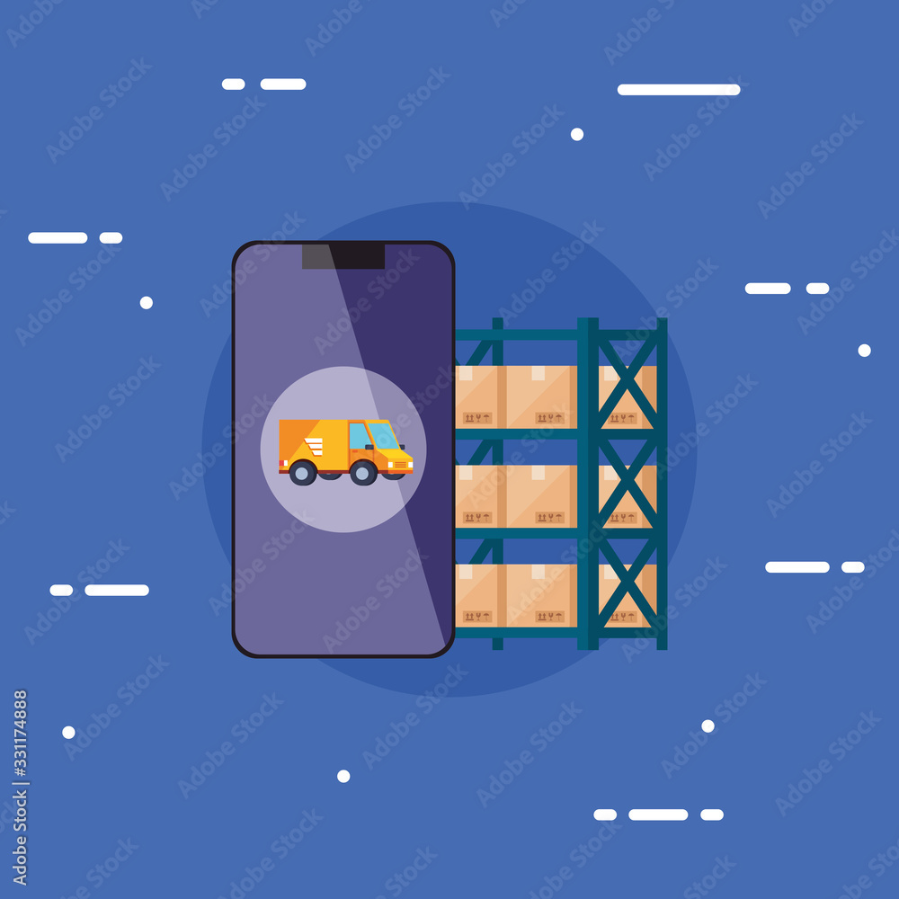 Poster smartphone with logistic service app vector illustration design