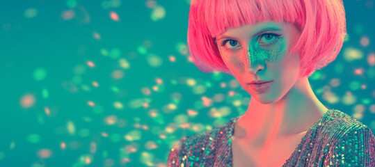 sparkling portrait of girl in pink wig