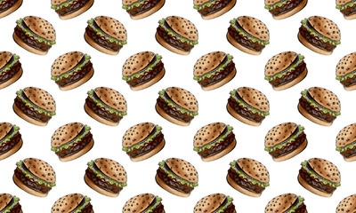 Tasty big burger seamless pattern design watercolor hand drawn