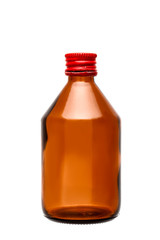 glass bottle with medical alcohol for disinfection of brown color with a red cap isolated on a white background.